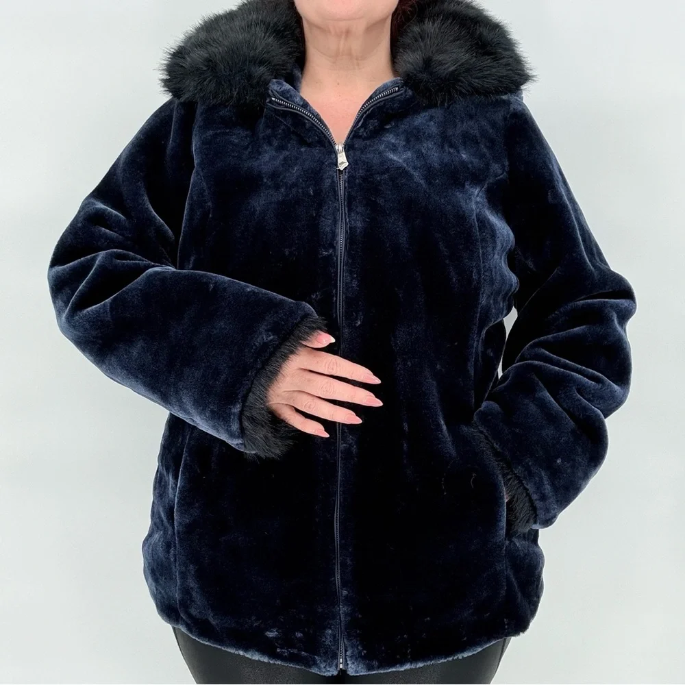 Dennis Basso Midnight Navy Blue Faux Fur Coat Jacket Hooded Plush Womens M Lux - Picture 4 of 16